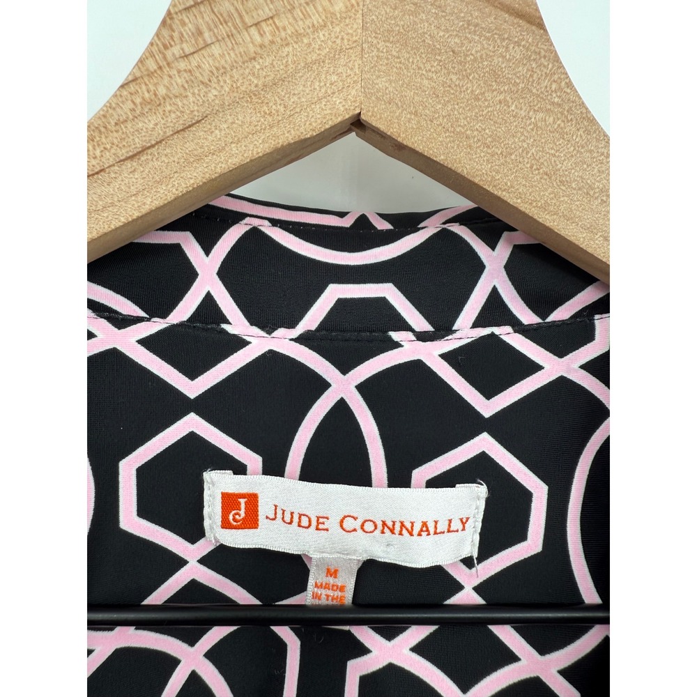 Jude Connally Black and Pink Geometric Puff-Sleeve Midi Dress - Picture 2 of 9